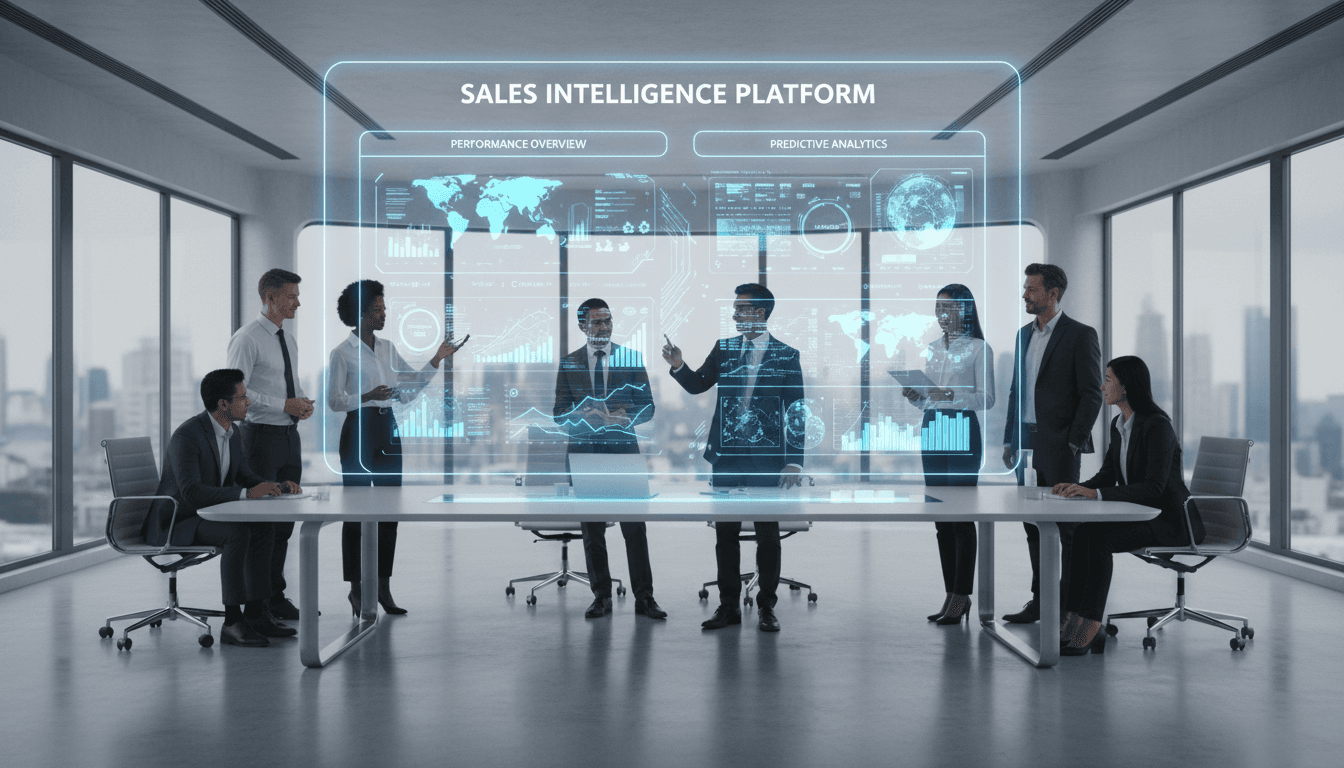 Diverse team analyzing AI sales data on a digital dashboard in a modern office.