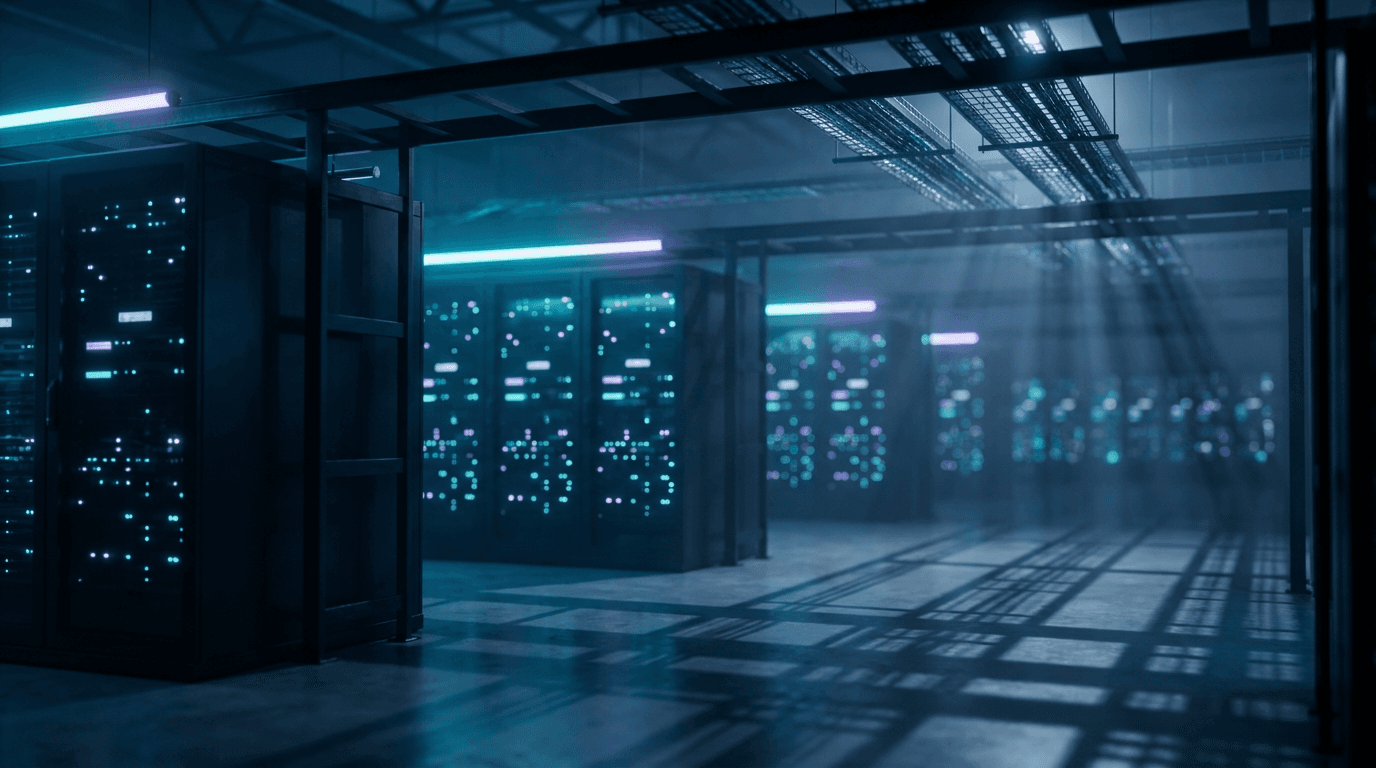 Blurred data center lights streaming in cool blue and teal bokeh. Volumetric light beams cut through dark server racks in cinematic atmosphere.
