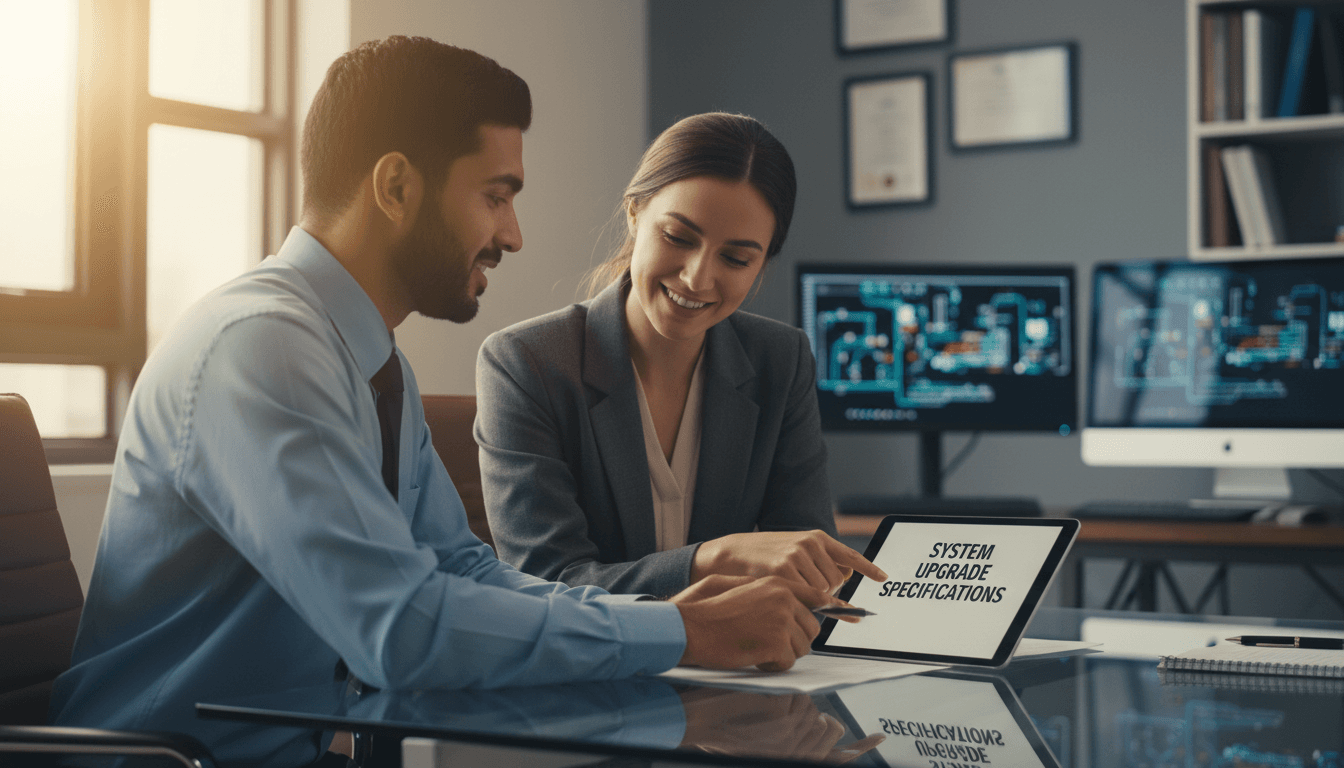 IT technician consulting with client at office desk, reviewing system upgrade specifications on tablet