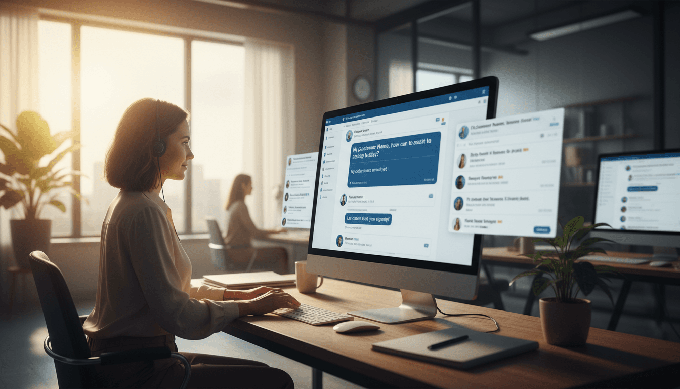Support staff member at desk with multiple chat conversations displayed on monitor in modern office setting