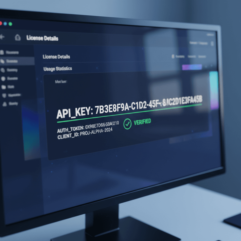 Close-up of software licensing certificate and API key displayed on high-resolution monitor screen